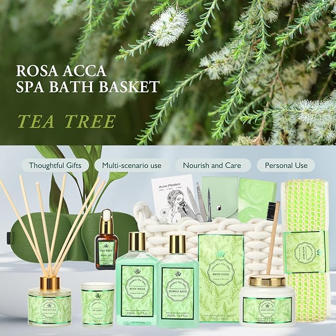 Mother's Day Gift Set, Spa Gift Set for Women & Men, 15pcs Spa Basket Set -Tea Tree Scented- includes Body Wash, Parfume Lotion, Bubble Bath, Bath Soak, Manicure Set, Gifts for Mom, Birthday Gifts