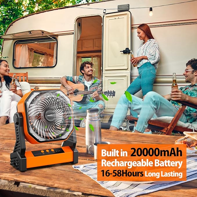 20000mAh Camping Fan, Rechargeable Portable Fan with 400 Lumes Light, 360° Rotatable Hook, 270° Pivot, 4 Speeds, 58Hrs Battery Powered for Tent Car Trip Outdoor BBQ Hurricane Power Outages