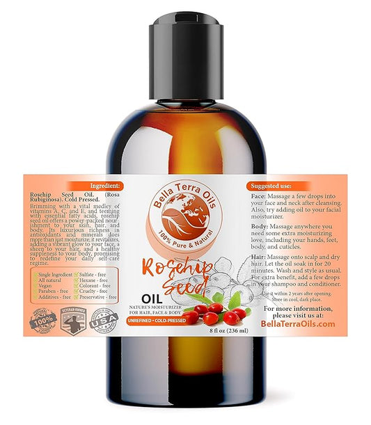 Bella Terra Oils Organic Rosehip Oil for Face, Pure Cold-Pressed Rose Hip Seed Oil for Skin & Hair, Natural Moisturizer & Anti-Aging Facial Oil 8oz