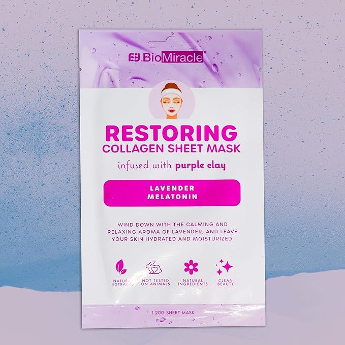 BioMiracle Restoring Collagen Sheet Mask Infused with Purple Clay, Lavender and Melatonin (10 Pack) (10 Sheets)