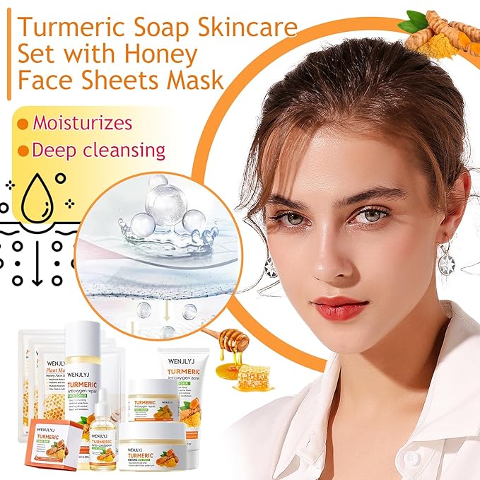 Turmeric Soap Skincare Set with Honey Face Sheets Mask,Hydrating Travel Size Turmeric Face Wash,Moisturizing Face Toner & Face Serum & Face Cream,Eye Cream Skin Care Gift Set for Women（9PCS)