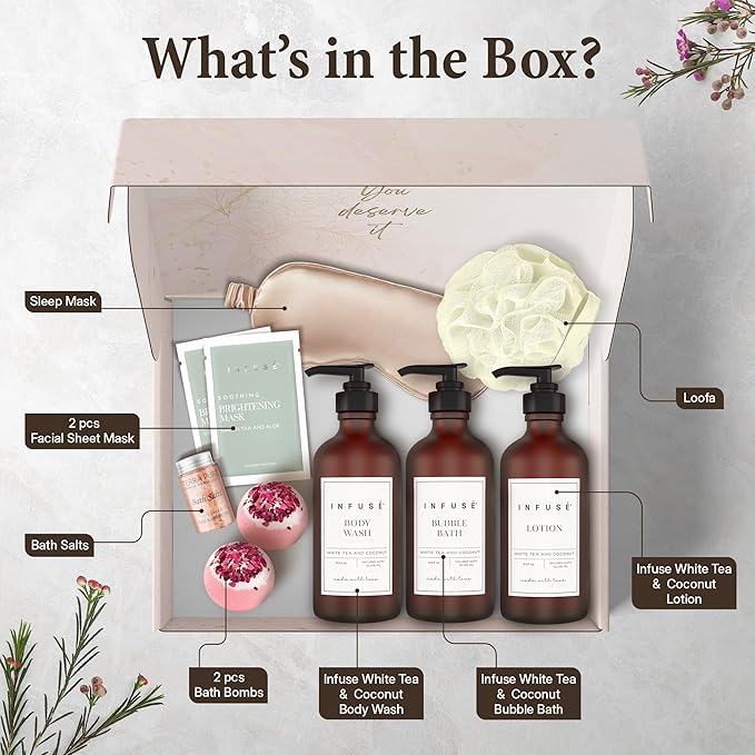 10-Piece Spa Gift Box for Women | Self-Care Set with Eye Mask, Loofa,Bath Bombs,Face Masks,Bubble Bath, Lotion, Body Wash & Bath Salt | Gift for Mom, Grandma, Wife, Bridesmaid or Loved Ones