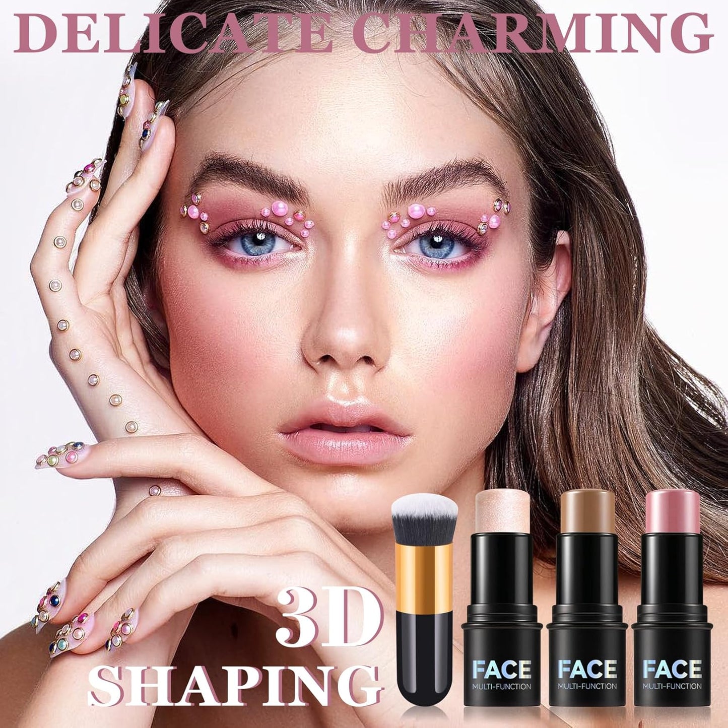 3Pcs Cream Contour Stick Makeup Kit with Makeup Brush,Shades with Highlighter,Brush Stick,Cream Bronzer for Sculpt the Cheeks,Long-lasting Waterproof Lightweight Contour Set