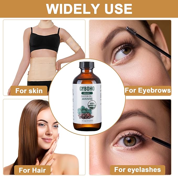 Castor Oil Organic Cold Pressed Unrefined Glass Bottle,Castor Oil Pack Wrap Organic Cotton for Stomach-Neck-Abdomen -Knee-Arm.organic castor oil for Hair Growth -Face-Lashes & Eyebrows