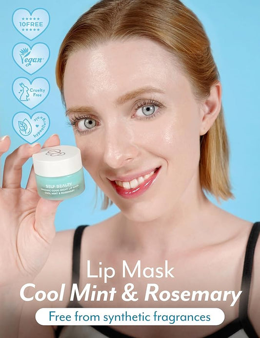 SelfBeauty Cool Mint Rosemary Lip Mask - Vegan Balm, Daily Moisturizer, Overnight Hydrating Treatment With Cool Mint, Scrub Exfoliator Intensive Repair, 0.51fl.oz