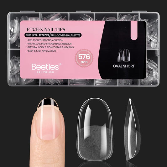 Beetles Gel Nail Tips Short Oval 576Pcs, 12 Sizes Pre-Shaped Half Matte Press On Nails Gelly Tips False Nails for Gel Full Cover False Nails Home DIY Nail Salon Gifts for Girls Women
