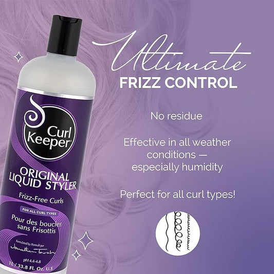 Original Curl Keeper Anti-Frizz Curl Defining Hair Styler (33.8 oz) - Lightweight Curl Definer Liquid Gel for All Weather Conditions - Wavy & Curly Hair Products for Women (Cream Alternative)
