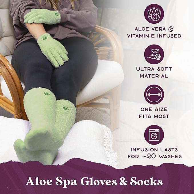Purple Canyon Fuzzy Socks & Gloves and Essential Oil Balm Spa Kit | Green Socks and Gloves Infused with Aloe Vera and Vitamin E Oil | Beeswax Miracle Balm for Cracked Heel Repair and Foot Care