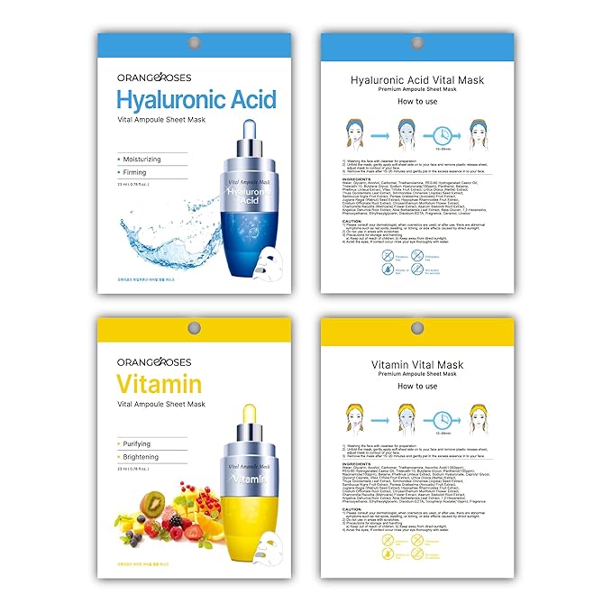 【Orangeroses】 13 Pcs Combo Vital Ampoule Sheet Mask, Korean Facial Skincare Sheet | Simple & Effective Skincare Routine | Moisturization | Wrinkle Care | Brightening (New Upgraded Mask)