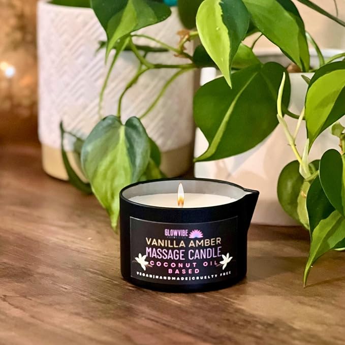 Vanilla Amber Massage Oil Candle with Pour Spout - 6oz - Coconut Oil Based, 72000, Black
