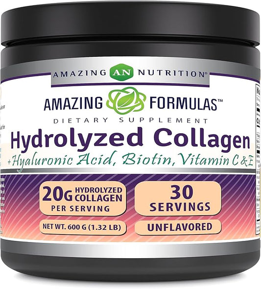Amazing Formulas Hydrolyzed Bovine Collagen Type I & III Unflavored Powder | 1.32 Lb (600 Grams) | Contains Hyaluronic Acid, Biotin, Vitamin C & E | Non-GMO | Gluten Free