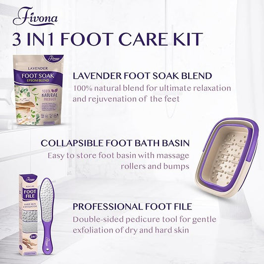 Fivona Foot Care Kit 3 in 1 - Foot Soak Blend with Epsom Salt, Lavender and Essential Oils - Collapsible Foot Soak Basin - Dual Action Foot File