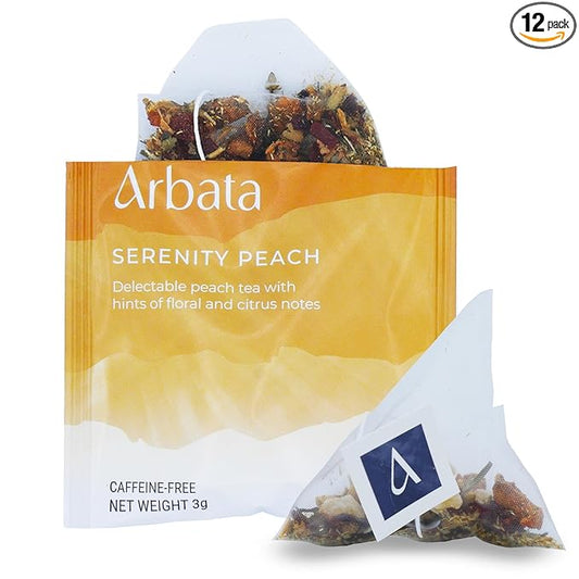 Arbata Serenity Peach Tea, 12 Pyramid Tea Bags Decaf Herbal Tea, Artisinal Naturally Flavored Caffeine Free Tea with Notes of Citrus, Apple, Pineapple