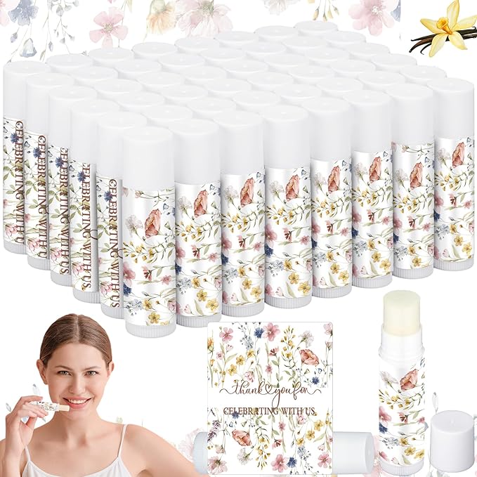 50 Pcs Wildflower Wedding Bridal Shower Gifts Bulk Floral Lip Balm Baby Shower Party Favors Thank You Appreciation Gifts for Women Tea Bachelorette Party