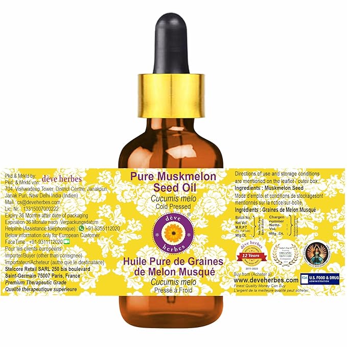 dève herbes Pure Muskmelon Seed Oil (Cucumis melo) with Glass Dropper Cold Pressed 10ml (0.33 oz)