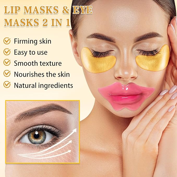 CAHIUYOA 30PCS Lip Mask and Under Eye Masks Set,Pink Lip Masks for Dry Lips 24K Gold Eye Patches for Puffy Eyes,Effective Moisturizing Skin Care