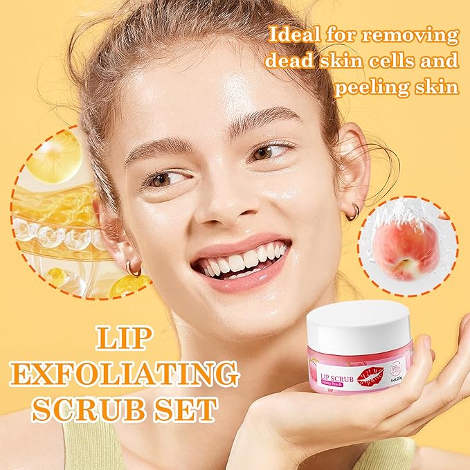 2 Pack Peach Lip Scrub Set,Long Lasting Moisturizing Lip Scrubber Exfoliator, Cleansing Hydrating Lip Exfoliator Scrub and Moisturizer Kit for Chapped Dry Lips