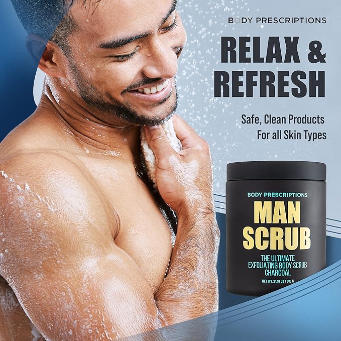 Body Prescriptions Men’s Exfoliating Body Scrub – Ultimate Skin Cleansing Wash in Jar with Twist-Top Lid, For All Skin Types, 21 Ounce (Pack of 2), Charcoal