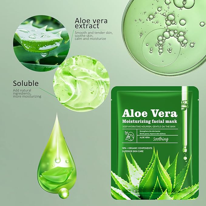Aloe Vera Soothing Mask Hydrating Face Masks Skincare Moisturizing Facial Sheet Mask Skin care for Dry, Oily, Sensitive Skin Face Mask for Acne, Sun Care, Calming, 25ml/0.88oz, Pack of 10