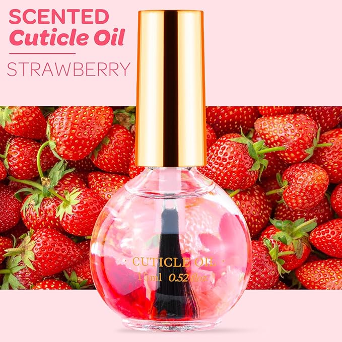 JIASHENG Cuticle Oil, Strawberry Scented Cuticle Nail Oil Infused with Real Flowers, Hydrates, Moisturizes, Strengthens, Repairs, Revitalizing Cuticle Oils for Nails Damage Dry Cuticle, 15ml