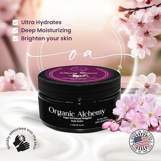 Whipped Argan Oil Body Butter for Dry Skin, Anti-Aging Body Cream Made for Women - Natural Skin Care, 8 OZ (Japanese Cherry Blossom)