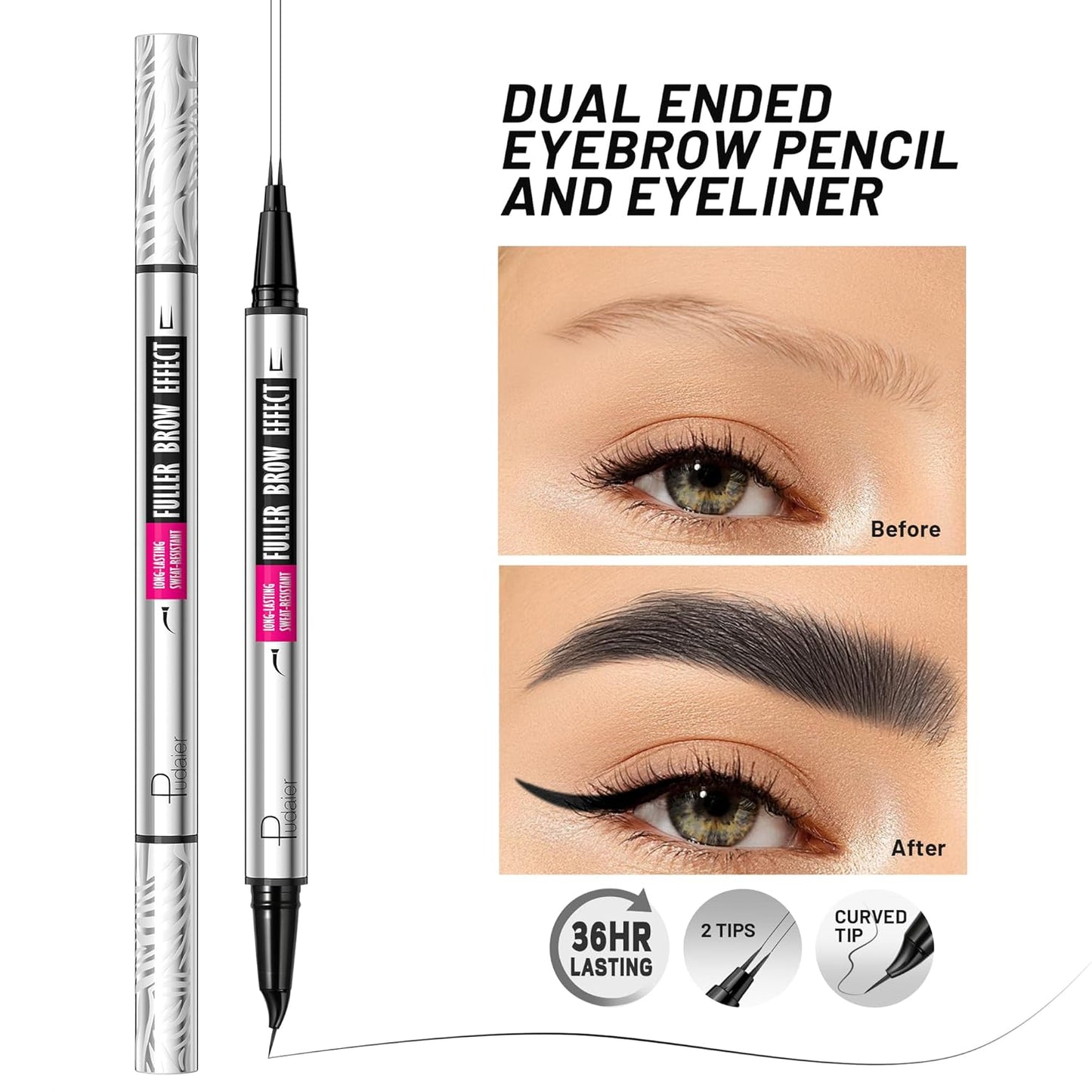2 Pack 2 Fine Tip Eyebrow Pen, Waterproof Filling Faux Brow Makeup Pencils for Women with Precise Curved Brush-Tip to Fast Create Natural Hair-Like Brows, Last All-Day (Natural Black)