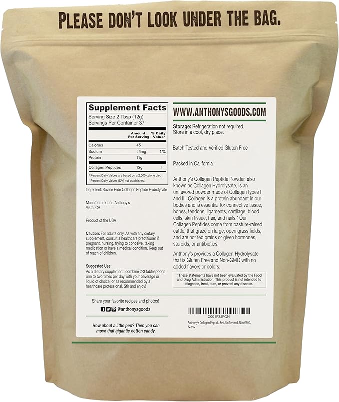 Anthony's Collagen Peptide Powder, 1 lb, Pure Hydrolyzed, Gluten Free, Keto and Paleo Friendly, Grass Fed, Unflavored, Non GMO