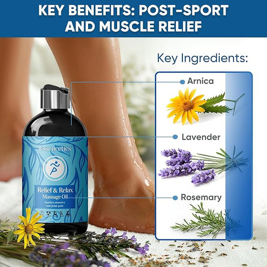 8 oz - Relief & Relax Sore Muscle Massage Oil with 100% Pure Arnica, Lavender & Rosemary Oils - Soothes Muscles & Joint with Relaxing Massage Oil for Massage Therapy