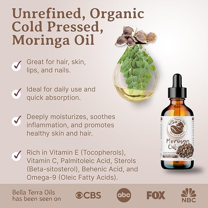 Bella Terra Oils - Organic Moringa Seed Oil 8 oz - A Symphony of Nutrients & Fatty Acids, Elevating Beauty Rituals with Natural Nourishment