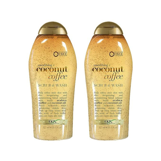 OGX Smoothing + Coconut Coffee Exfoliating Body Scrub with Arabica Coffee & Coconut Oil, Moisturizing Body Wash for Dry Skin, Paraben-Free with Sulfate-Free Surfactants, 19.5 Fl Oz, 2 Pack