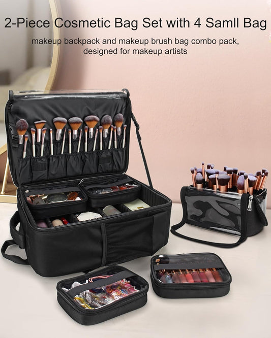 Makeup Backpack Makeup Artist Bag Professional Extra Large Cosmetic Bags Travel Train Case Storage Organizer Double-Layer Cosmetic Case with 4 Pouch and Brush Organizer (Black, two piece)