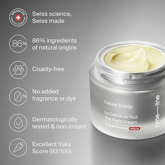 The Night Cream powered by Mitopure (Urolithin A) Helps skin regenerates overnight, clinically proven to boost skin hydration and significantly reduce wrinkles appearance. 1.69oz (50ml)
