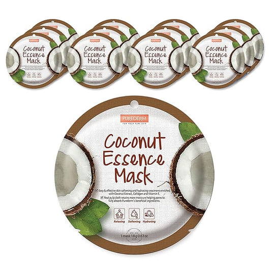 Purederm Coconut Essence Mask (12 Pack) - Coconut Extracts, Collagen, and Vitamin E to Make Your Skin Smooth and Clear