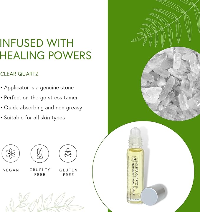 Honeybee Gardens Crystal Infused Body Oil Rollerball, Clear Quartz, Organic, Moisturizing, Non-Greasy, for All Skin Types, 2 Fl Oz