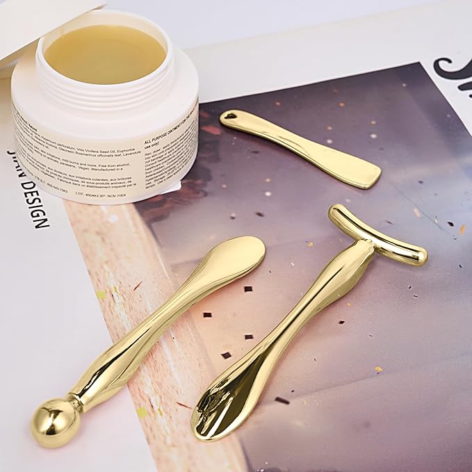 6Pcs Metal Eye and Face Cream Applicator Stick Cosmetics Spoon Spatula, Massager Tool for Facial Massage, Reduce Puffiness (Gold)