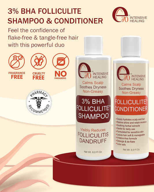 Folliculitis Treatment Shampoo and Conditioner with 3% BHA, Salicylic Acid, Aloe Vera & Tea Tree Oil - Anti Itch Shampoo for women & men with Flaky Scalp Treatment Acne, Made in USA by e70, 8 fl oz
