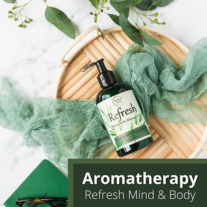 Refresh Massage Oil for Massage Therapy with Eucalyptus & Peppermint Essential Oils - All Natural Sore Muscle Relief. Ideal for Full Body Relaxation – Nut Free Formula 8oz