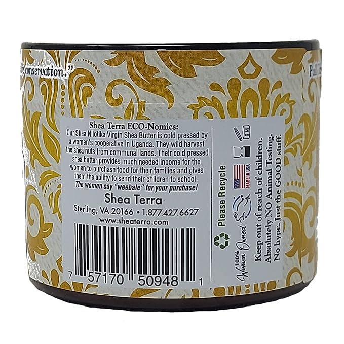Shea Terra Organics 100% Organic Cold-Pressed Virgin Shea Butter - Ghana Gold | Natural Daily Skin Cream for Dry Skin, Itchy Skin, Stretch Marks, Psoriasis, Eczema & other skin conditions – 6 oz