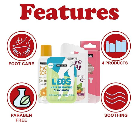 Freeman Foot Spa Mother's Day Gift Basket, Relaxing Spa Self Care Gift For Women, 4 Piece Pampering Foot Repair Kit includes Foot Soak, Scrub, Mask and Foot powder, Mothers Day Gift for Her