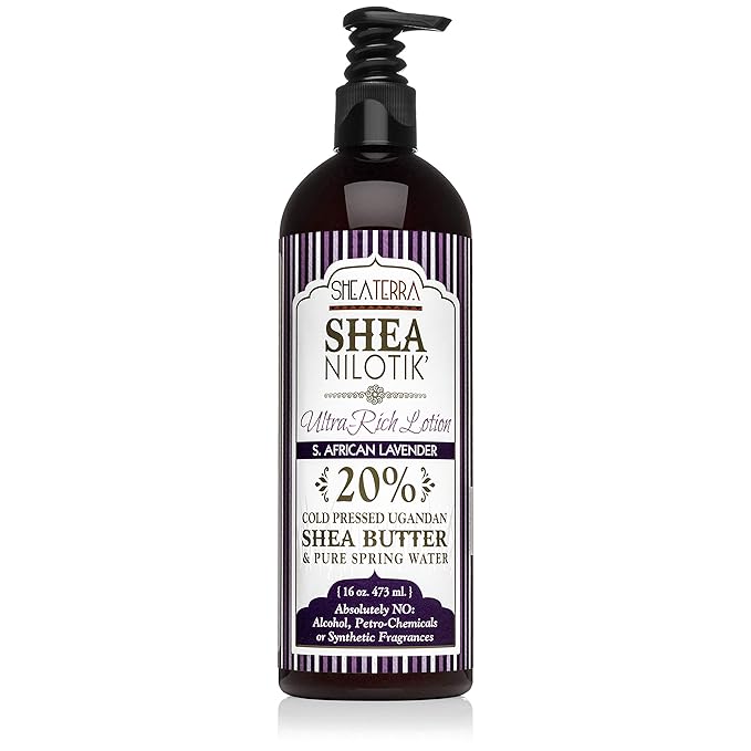 Shea Terra Organics Nilotik’ Shea Butter Ultra-Rich Lotion – S. African Lavender | Natural Daily Moisturizer that Offers Stress Relief & Skin Cell Rejuvenation with Antioxidants to Protect Skin– 16 oz
