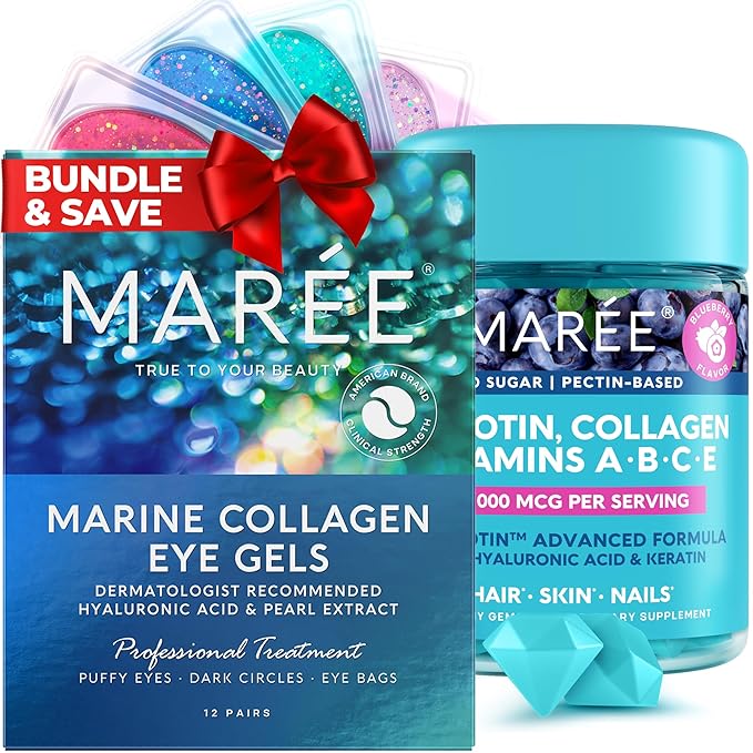 MAREE Beauty Bundle - Under Eye Gels & Biotin Gummies - Marine Collagen & Hyaluronic Acid, A B C E Vitamins Complex with Keratin & Pantothenic Acid - De-puff Eyes & Dark Circles, Skin, Nails & Hair