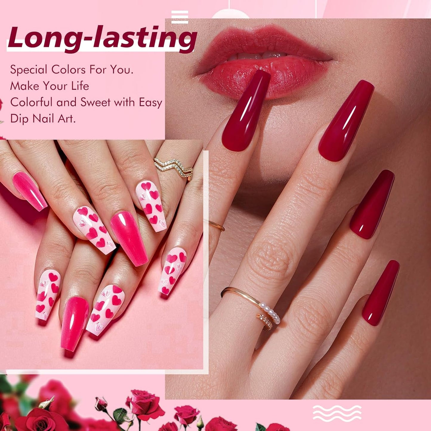 6 Colors Dip Powder Set, Hot Pink Red Dipping Powder Color Set, Glossy Nail Art Manicure DIY Salon Home Gift for Ladies (YYSDDPS-No.15-6pcs)