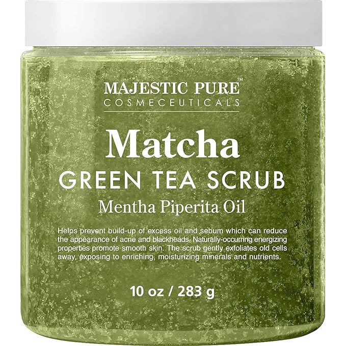 Majestic Pure Matcha Green Tea Body Scrub for All Natural Skin Care - Exfoliating Multi Purpose Body and Facial Scrub Moisturizes and Nourishes Face and Skin - 10 oz - Great Gift for Her
