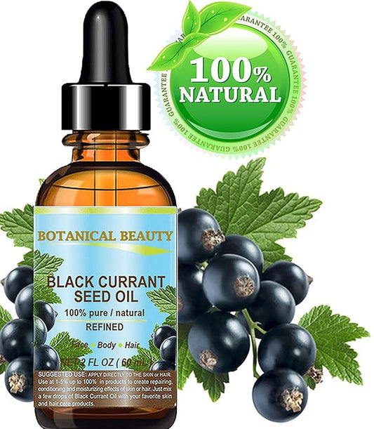 BLACK CURRANT SEED OIL 100% Pure Natural Undiluted Refined Cold Pressed Carrier oil. 2 Fl.oz. - 60ml For Face, Skin, Hair, Lip, Nails. Richest in Gamma Linolenic acid, Omega 3 by Botanical Beauty