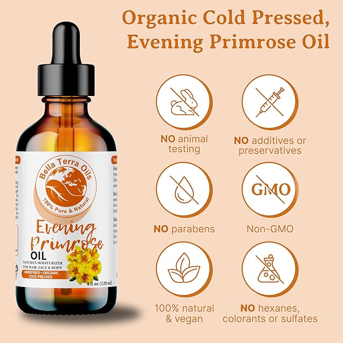 Bella Terra Oils - Organic Evening Primrose Oil 2oz - Celebrating Primrose's Nutrient Legacy, Infused with Vitamin E & Omega-6, Superior Oil Experience for the Skin