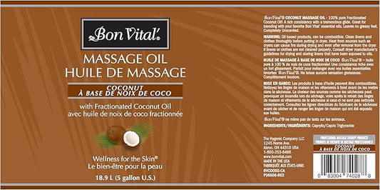 Bon Vital' Coconut Massage Oil with 100% Pure Fractionated Coconut Oil to Repair Dry Skin, Used by Massage Therapists and At-Home Use for Therapeutic Massages and Relaxation, 5 Gal, Label may Vary