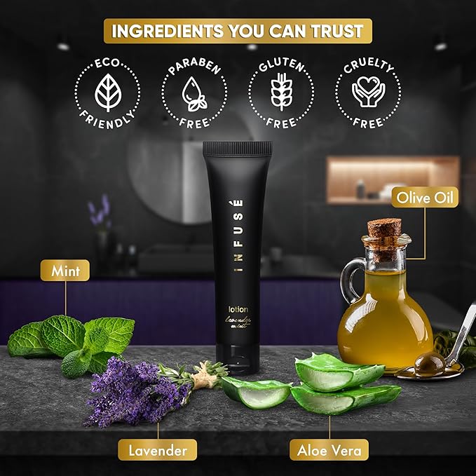 Infuse Black Hotel Toiletries Bulk | 1 oz Lotion Travel Size | For Hotels, Vacation Rentals, Gym, Luxury, Airport | Case of 20