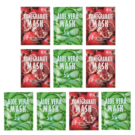 Facial mask Moisturizing face Mask Deep Hydration, Improves Dry Skin, Sheet Mask, 10pcs Sheet Mask Hydrating & Soothing Skin Care Pomegranate and Aloe Vera Beauty Facial Mask (10PCS, A+P)