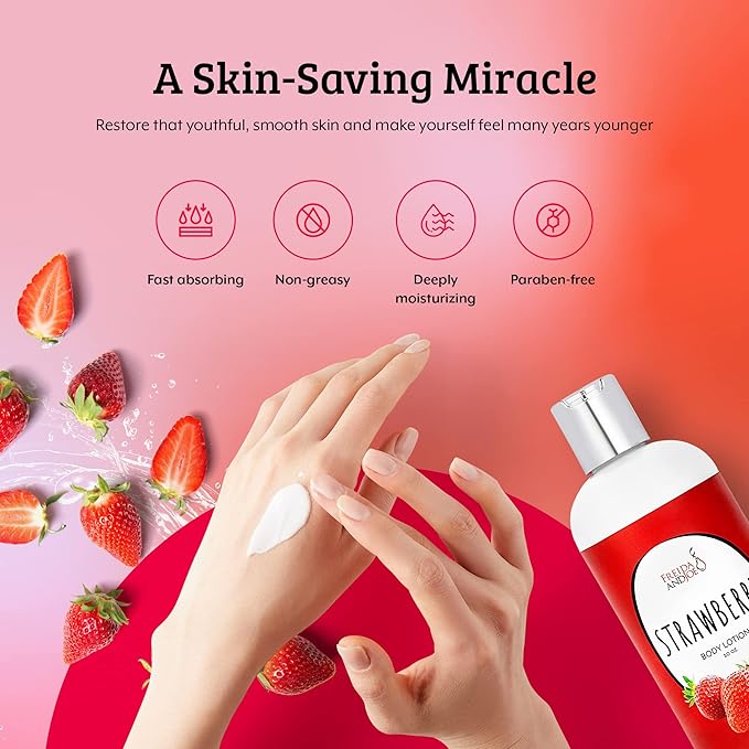 Home Spa Gift 10oz Deep Moisturizing Fragrance Body Lotion & 8 oz. Fine Fragrance Body Mist Set Luxury Self-Care Combo for Women and Girls (Strawberry) Mother’s Day Gift for Mom