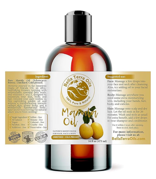 Bella Terra Oils - Marula Facial Oils 16oz - Dive Deep into the Luxury of Nature, Rich in Flavonoids & Minerals, Daily Dose of Radiance